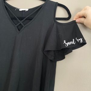 Saved by Grace cross front black long flowy shirt